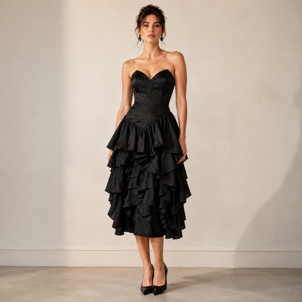 Vintage 80s Snooty Hooty Black Ruffle Evening Gown Strapless Corset USA
